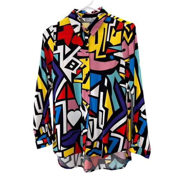 Big Dart Abstract Blouse Shirt M Women Art to Wear Button Up Geometric Colorful - Picture 1 of 5